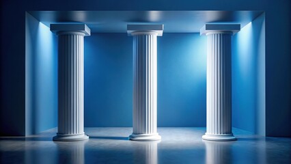 Aufkleber - Serene Minimalist Interior with Three Classical Columns Illuminated by Subtle Blue Lighting