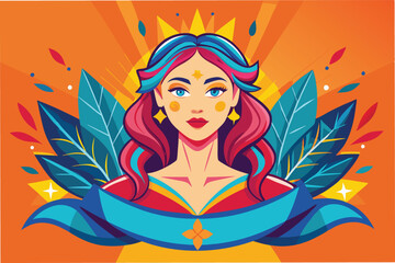 Poster - Vivid vector illustration of a confident woman surrounded by colorful foliage and decorative elements in a dynamic design