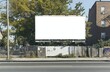 © 娜 赵 - A bright outdoor billboard scene, a large blank billboard by the roadside, surrounded by green trees and bushes, sunlight casting tree shadows on the billboard