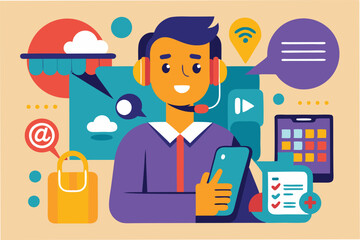 Poster - Vector illustration of a woman communicating with a megaphone and smartphone amid engaging multimedia elements in a lively workspace