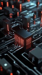 Wall Mural - futuristic circuit board with glowing red lights and intricate pathways showcasing advanced technolo