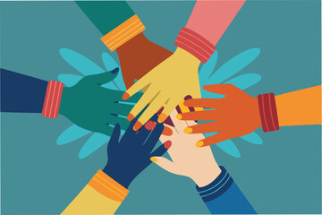 Leinwandbilder - Diverse hands coming together symbolizing collaboration and unity in a professional setting to achieve common goals