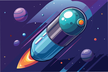 Poster - Vector illustration of a rocket launching through space among colorful planets and stars