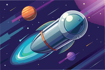 Poster - Vector illustration of a rocket launching through space among colorful planets and stars