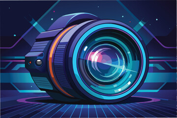 Poster - Colorful vector illustration of a modern camera against a futuristic backdrop showcasing vibrant hues and tech-inspired design elements