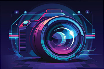 Aufkleber - Colorful vector illustration of a modern camera against a futuristic backdrop showcasing vibrant hues and tech-inspired design elements