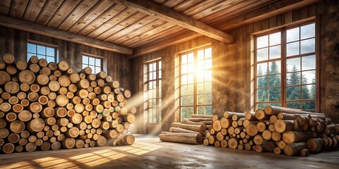 Aufkleber - Rustic Wooden Room Filled with Sunlight and Stacks of Logs, Showing a Tranquil and Serene Atmosphere