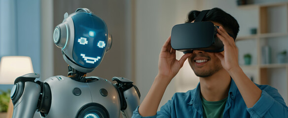 young asian male enjoys virtual reality experience with smiling robot companion