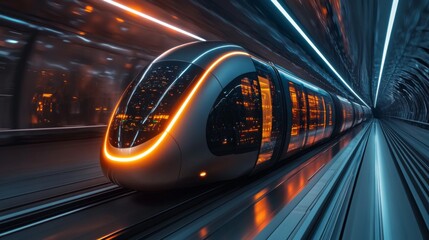 Aufkleber - An autonomous train moves swiftly through a futuristic tunnel, showcasing cutting edge technology in transportation and infrastructure, illuminated by vibrant light displays.