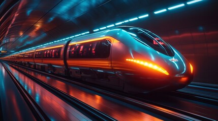 Leinwandbilder - A sleek smarttrain designed for autonomous transportation moves through an intricately lit urban tunnel, showcasing advancements in logistics and control systems for modern infrastructure.