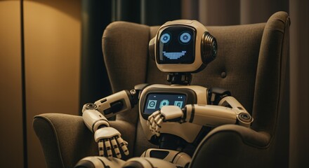 Friendly robot sitting in a cozy chair with a digital screen display