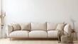 © Chanwit - Minimalist living room design featu an off-white sofa light beige cushions rustic decor with a bare branch vase burlap pouf and light wood floo