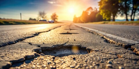 Aufkleber - A Detailed Close-Up View of Extensive Cracking and Potholes in Asphalt Road Surface at Sunset