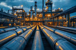 © Martinesku - Refinery plant equipment for pump pipeline oil and gas valves pressure safety valve selective. Steel long pipes in crude oil factory during. Rack of heat chemical manufacturing