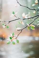  A close-up of a branch with fresh green leaves adorned with raindrops, creating a serene atmosphere, Ideal for nature-themed projects, blogs, or seasonal promotions highlighting growth and renewal,