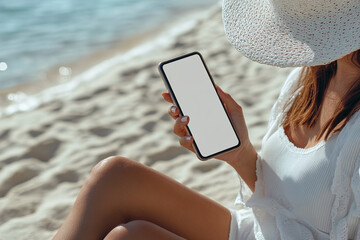 Woman sitting on the beach, holding and using mobile phone with white isolated blank desktop screen. Mock up travel image with copy space