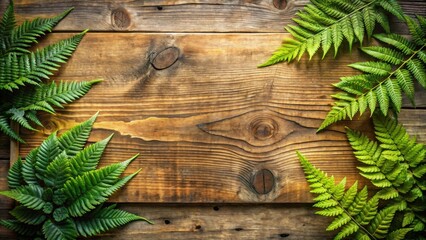 Poster - Rustic Wooden Planks Framed by Lush Green Fern Fronds, a Natural Composition for Design Inspiration