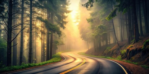 Aufkleber - A winding road through a misty forest at sunrise, bathed in golden light