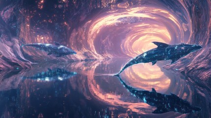 Wall Mural - Artistic image of whales swimming in a surreal reflective environment