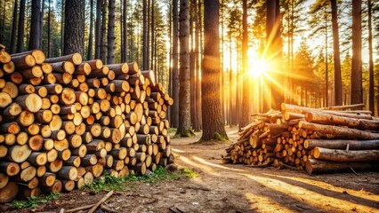 Aufkleber - Golden Hour Lumber in a Sun-Drenched Forest Stacks of freshly cut logs bathed in the warm glow of the setting sun, creating a captivating scene of natural resources and forestry.
