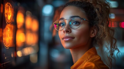 Leinwandbilder - A logistics expert wearing glasses smiles confidently while working in a high tech facility. Automated systems and vibrant indicators showcase advanced infrastructure for efficient distribution.