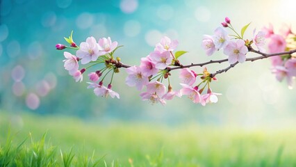 Poster - Delicate Pink Blossoms Gracefully Arc Over Lush Green Meadow Under a Soft, Dreamy Sky