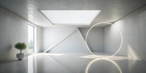 Fototapete - Modern minimalist interior design showcasing a bright, spacious room with sleek white walls, a large window, a unique ceiling design, and a luminous circular accent piece