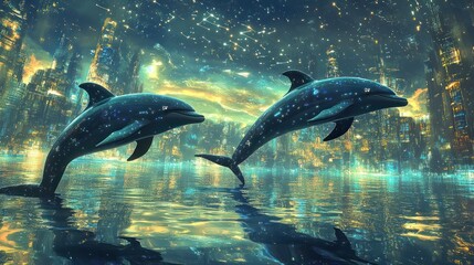 Wall Mural - Two dolphins swim and leap in a city of starlight at night