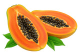 A halved papaya fruit with black seeds and green leaves on a png transparent background close up studio shot
