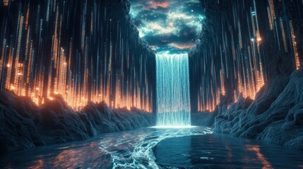 Wall Mural - A breathtaking celestial waterfall cascading into a serene otherworldly landscape