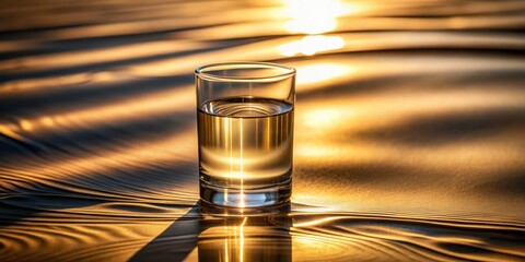 Leinwandbilder - A Glass of Water Reflecting the Golden Hour's Radiant Hues on a Smooth Surface