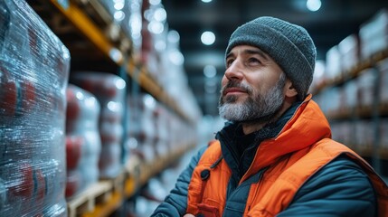 Leinwandbilder - A logistics specialist wearing warm gear examines the inventory within a bustling warehouse, contemplating strategies for improving operational efficiency in automation.