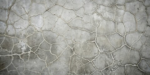 Poster - Highly detailed texture of a cracked surface, showing intricate network of fissures in a gray concrete or plaster wall, ideal for design projects needing a distressed or aged look.