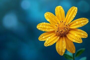 Wall Mural - A close-up of a bright yellow flower adorned with dew drops against a soft blue background.