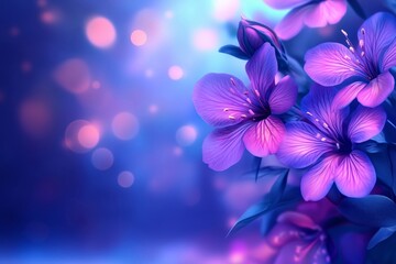 Wall Mural - Beautiful purple flowers against a dreamy blue background with soft bokeh lights.