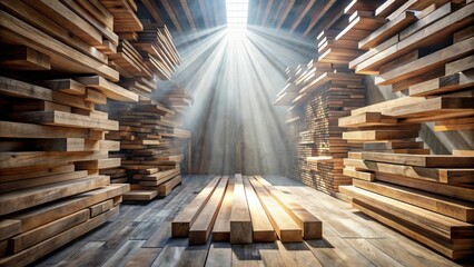 Aufkleber - Sunlit Lumber Warehouse Rows of Stacked Wooden Planks and Beams in a Rustic Setting