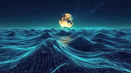 Wall Mural - A Glowing Moon Shining Over a Sea of Wavy Waters