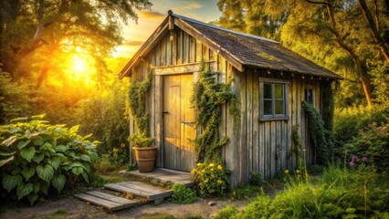 Aufkleber - Rustic Wooden Garden Shed Bathed in Golden Sunset Light, Nestled Amongst Lush Greenery and Blooming Flowers, Offering a Serene and Peaceful Atmosphere