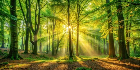 Aufkleber - Sunlit Canopy in a Verdant Forest, Rays Illuminating the Lush Undergrowth and Tree Trunks