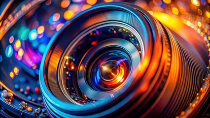 Aufkleber - Close-up View of a Shiny Camera Lens with Vibrant Colorful Lights Reflecting on its Surface