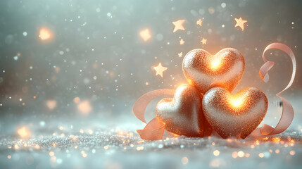 Wall Mural - a light pastel background featuring glowing hearts, minimal abstract stars and floating ribbons cele