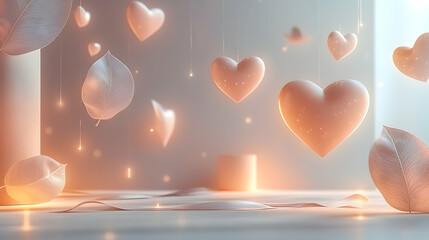 Wall Mural - A light pastel background featuring glowing hearts, floating abstract leaves and minimal ribbons symbolizing sibling connection