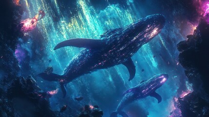Wall Mural - Two Massive Whales Swim In A Vibrant And Luminous Ocean