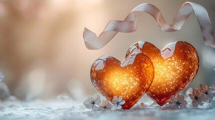 Wall Mural - A light pastel background featuring two intertwined glowing hearts, minimal floral elements and floating abstract ribbons symbolizing sibling love