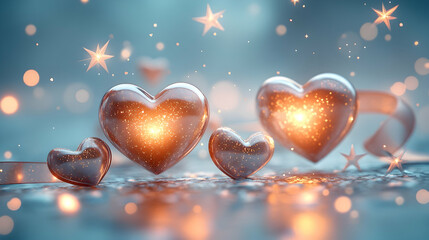 Wall Mural - A light pastel background featuring glowing hearts, minimal abstract stars and floating ribbons celebrating sibling relationships