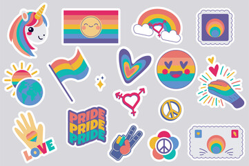 Aufkleber - LGBT stickers set in flat design. Collection labels with rainbow colors unicorn, flags, hearts, smile emoji, diversity and equality symbols, gay and lesbian community parade. Vector illustration.