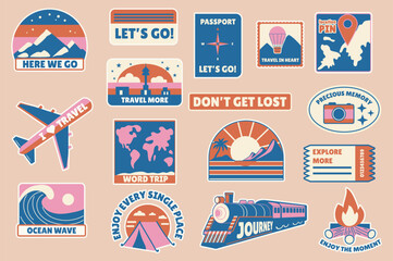 Aufkleber - Retro travel stickers set in flat design. Collection labels with passport, flight, mountains, ocean wave, train, world trip, tropical island, photo memory, map, countries, other. Vector illustration.