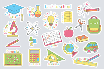 Aufkleber - School stickers set in flat design. Collection labels with graduation cap, study, chemistry, idea, schoolbag, microscope, atom, book, apple, bus, blackboard, calculator, other. Vector illustration.
