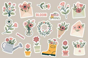 Aufkleber - Spring stickers set in flat design. Collection labels with romantic bouquets, flowers in envelopes, vases, watering can or rubber boot, springtime blooms and blossoms, other. Vector illustration.