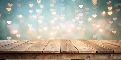 Poster - Rustic Wooden Tabletop with a Dreamy Heart-Shaped Bokeh Background, Perfect for Product Displays or Festive Designs